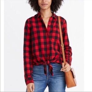 Madewell Buffalo Plaid Tie Front Cotton Flannel Red and Black Size Small